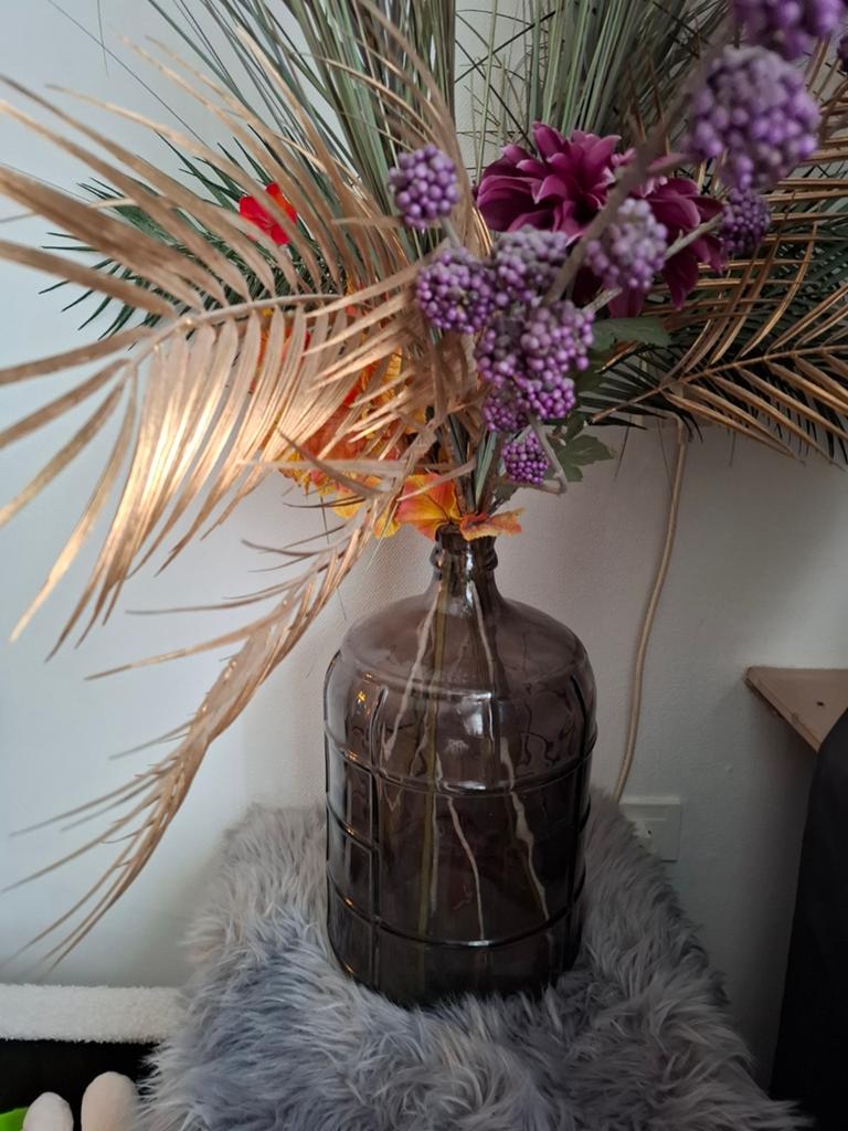 Grote glazen vaas met kunstbloemen en -takken, Ophalen, Overige kleuren, 75 cm of meer, Glas