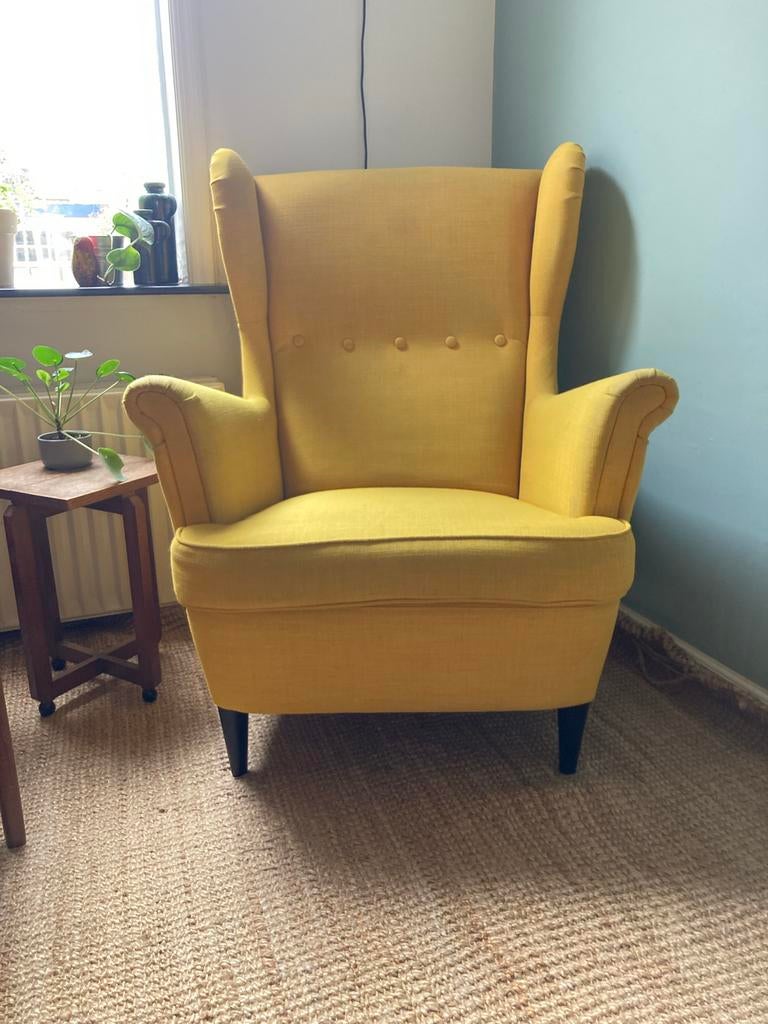IKEA Strandmon Fauteuil - Geel, Huis en Inrichting, Fauteuils, Ophalen, Gebruikt, Stof, 75 tot 100 cm