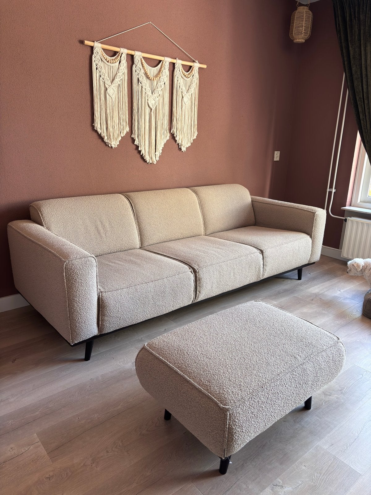 BePureHome Woood bouclé 3-zitsbank met hocker, Ophalen, Gebruikt, Driepersoons, 75 tot 100 cm