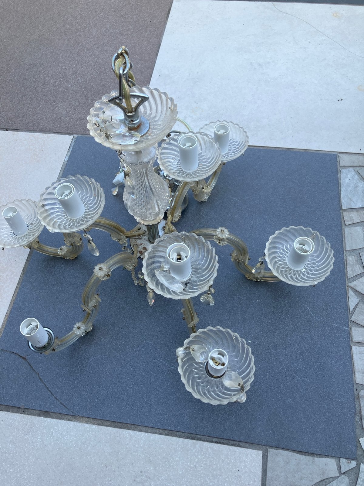 Vintage Glazen Kroonluchter met 6 Armen, Ophalen of Verzenden, Gebruikt, Glas, E14 (klein)