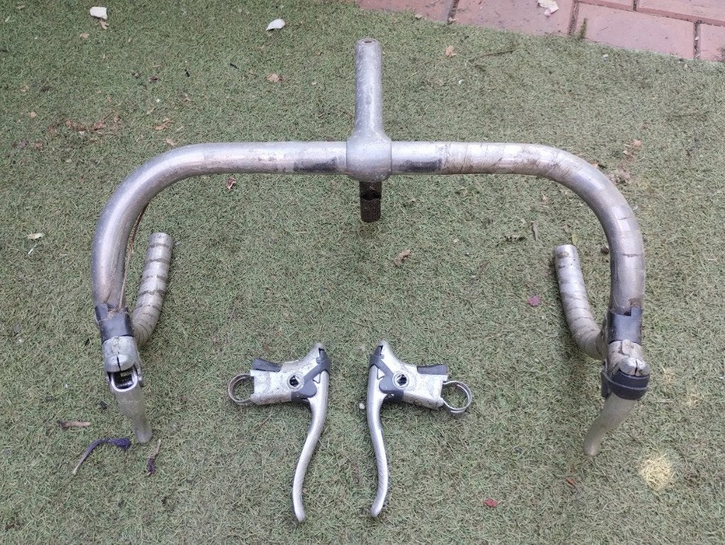 Vintage racefietsstuurtje met extra set Exage remgrepen!, Gebruikt, Stuur, Ophalen of Verzenden, Aluminium