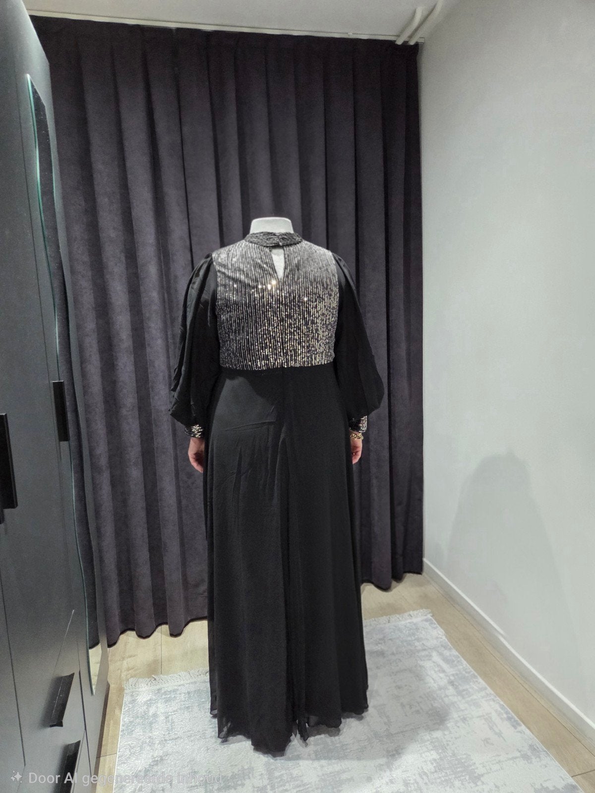 Elegante zwarte jurk met pailletten top, Ophalen, Zwart, Maat 42/44 (L), Onder de knie