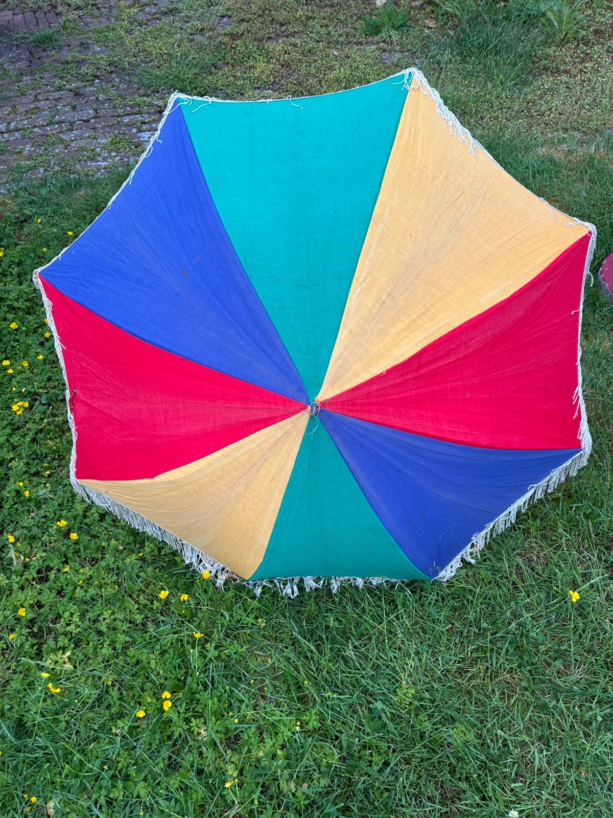 Vintage tafel/stoel parasol met franje, Ophalen, Gebruikt, 1 tot 2 meter, Parasolvoet