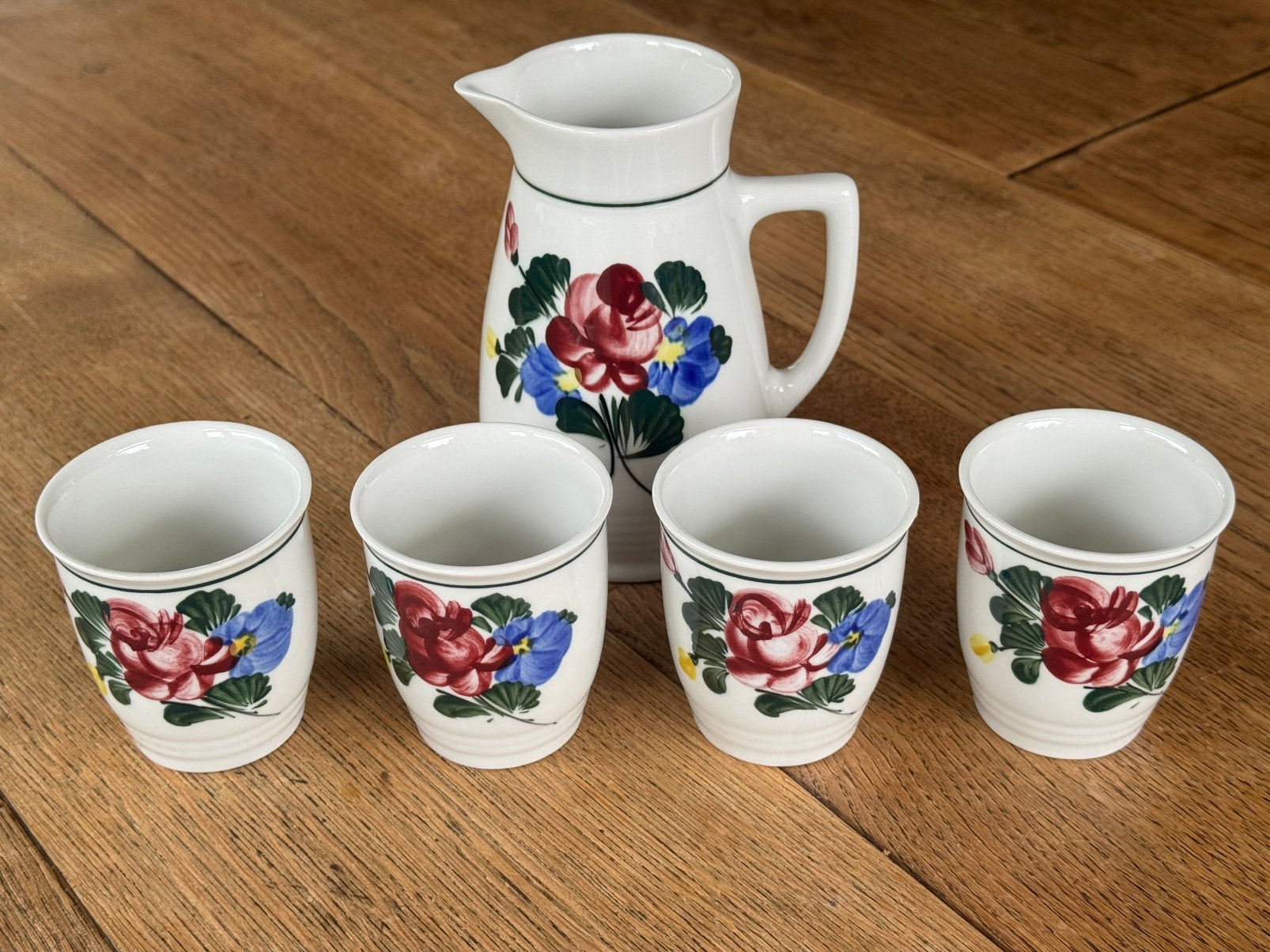 Vintage Lilien Porzellan Alpenflora set – kan met 4 bekers, Overige typen, Ophalen of Verzenden, Zo goed als nieuw, Overige stijlen