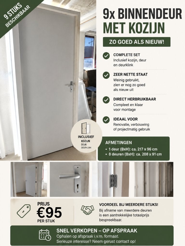 9x binnendeur met kozijn ZGAN | 208x91 & 217x96, Ophalen, 80 tot 100 cm, Binnendeur, Zo goed als nieuw