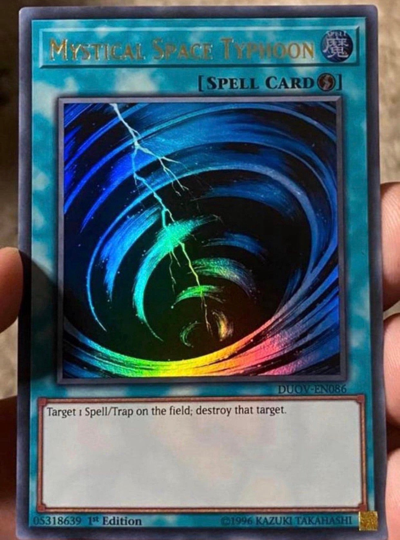 Yu-Gi-Oh! Mystical Space Typhoon DUOV 1st Edition !, Ophalen of Verzenden, Zo goed als nieuw, Losse kaart, Foil
