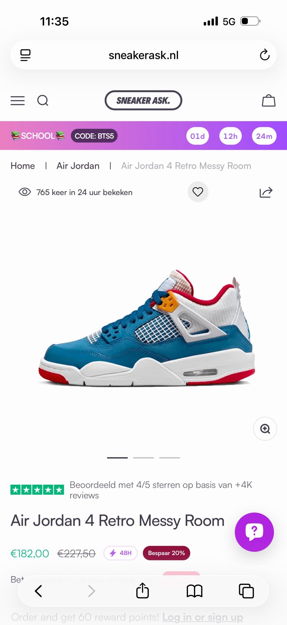 Originele Air Jordan 4 Retro Messy Room - Maat 36, Ophalen of Verzenden, Nieuw, Blauw, Sneakers of Gympen