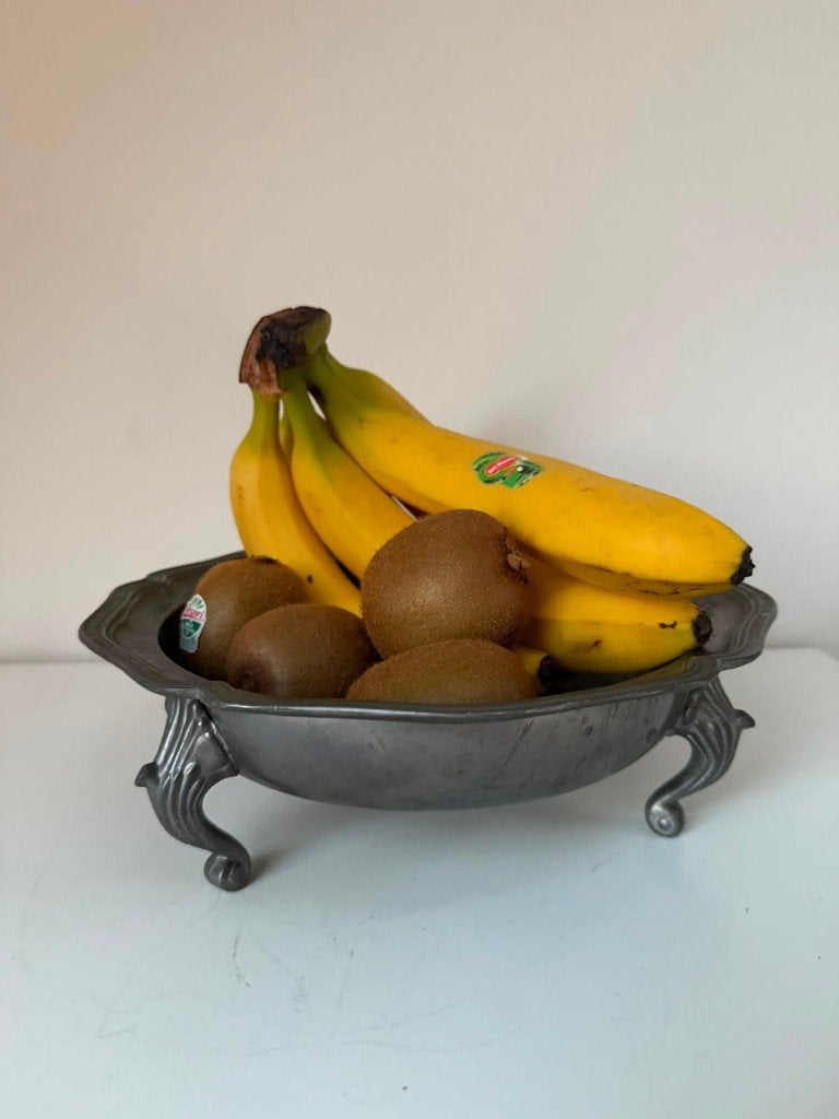 Vintage Franse tinnen schaal op drie pootjes, Ophalen of Verzenden