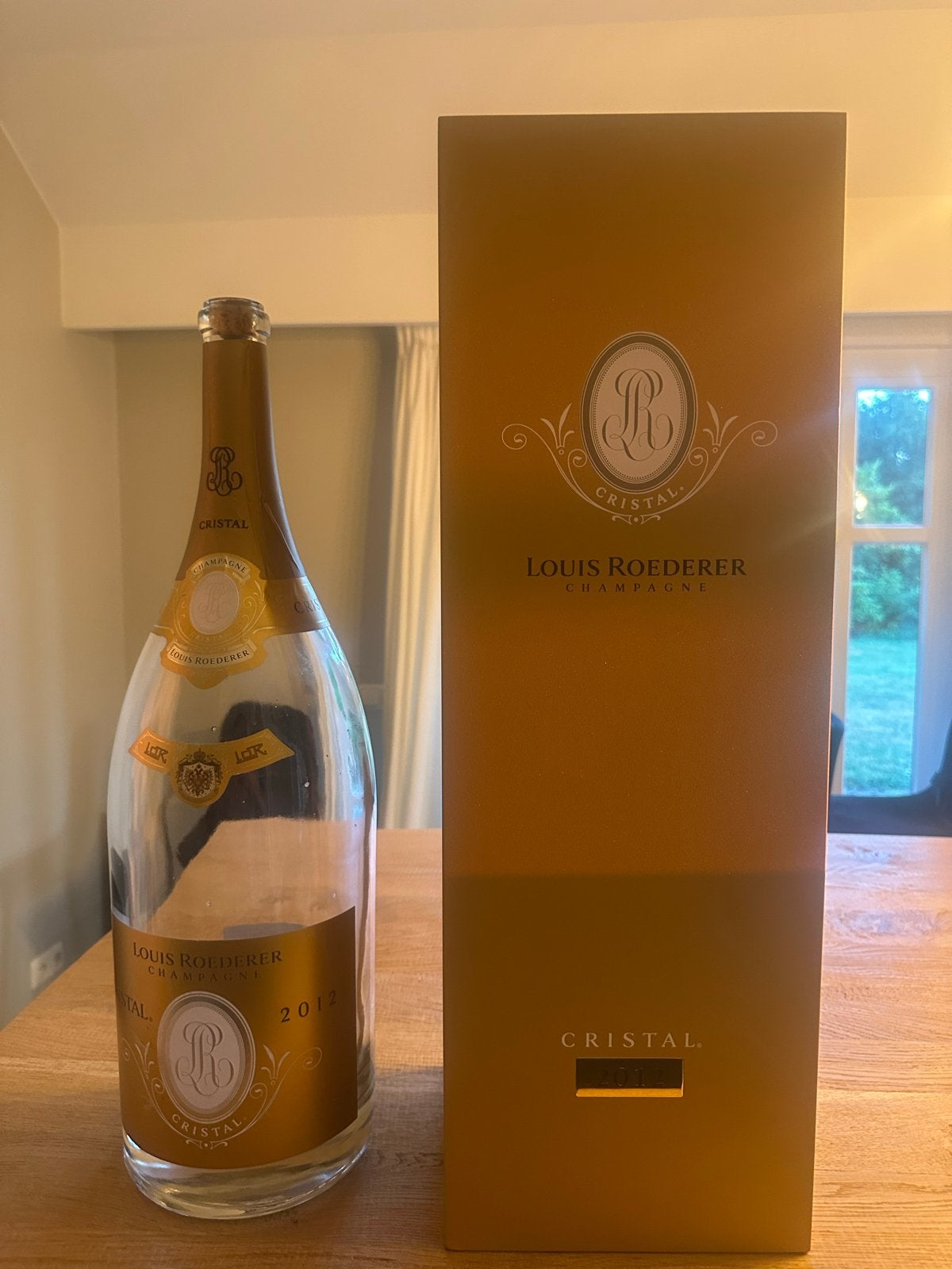 Lege Louis Roederer Cristal Champagnefles met doos, Ophalen of Verzenden, Zo goed als nieuw, Transparant, Glas