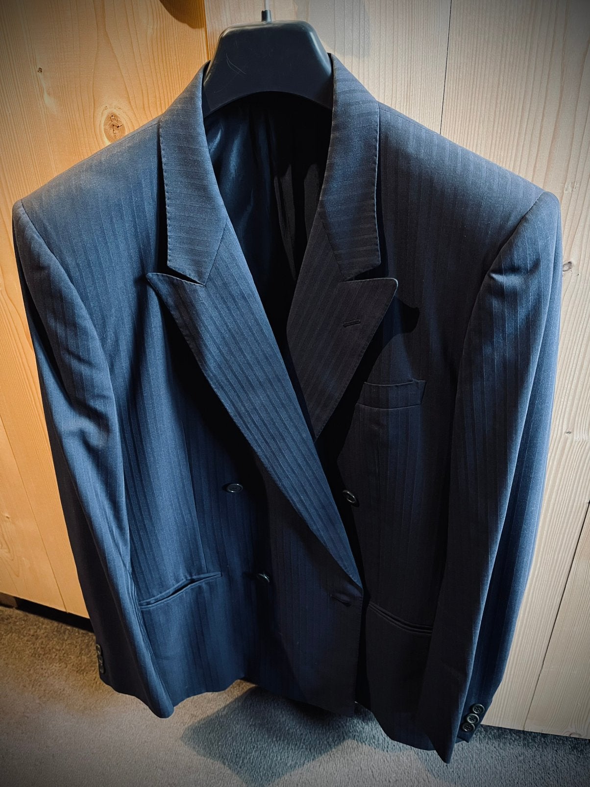 Corneliani 52(L) Blauw Gestreept double breasted colbert, Kleding | Heren, Kostuums en Colberts, Ophalen of Verzenden, Zo goed als nieuw