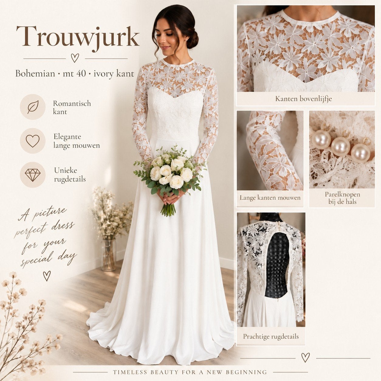 prachtige nieuwe trouwjurk bohemian stijl ivory 40, Ophalen of Verzenden, Zo goed als nieuw, Wit, Trouwjurk