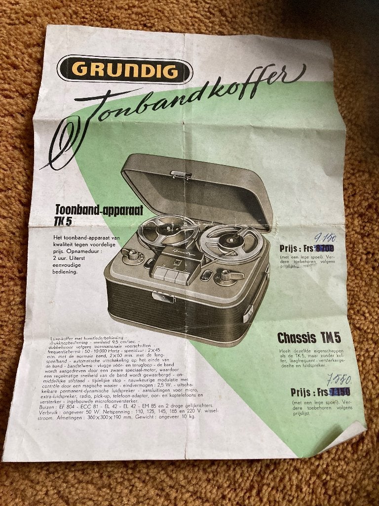 Bandrecorder  folder grundig, Ophalen of Verzenden, Bandrecorder