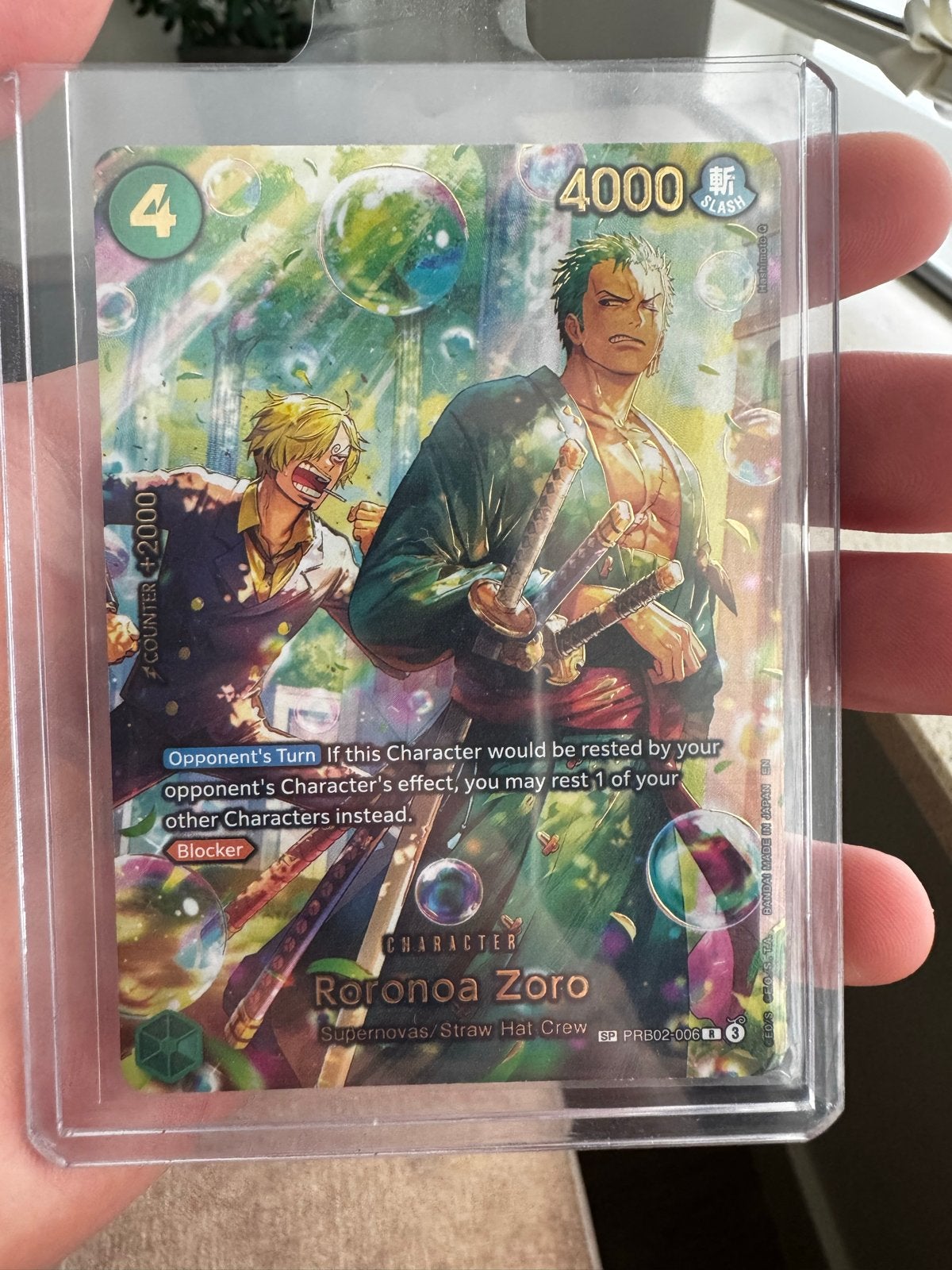 One Piece Card Game - Roronoa Zoro SP (PRB02-006), Ophalen of Verzenden, Zo goed als nieuw, Losse kaart