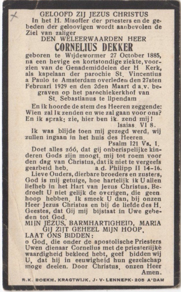 kapelaan Cornelius Dekker 1885 Wijdewormer + 1929 Amsterdam, Ophalen of Verzenden