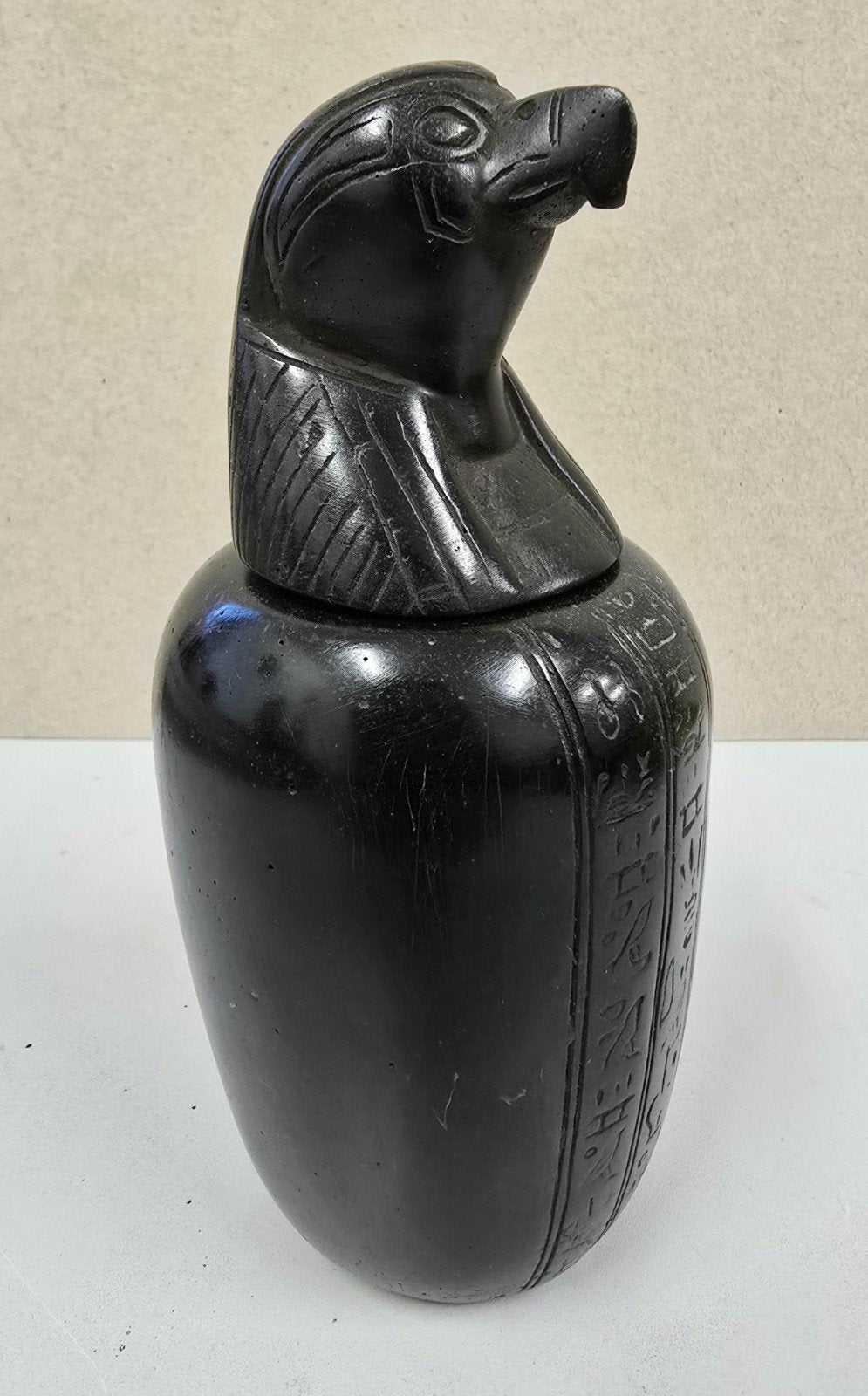 ANTIEK EGYPTISCHE CANOPISCHE VAAS Horus Hoofd Dioriet canope, Steen/keramiek, 18 cm, Beeld, Zwart