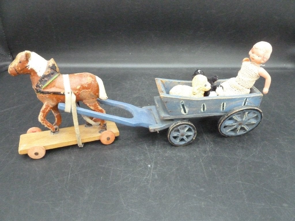Miniatuur paard en wagen, popje, beertje en lammetje, Ophalen of Verzenden, Gebruikt