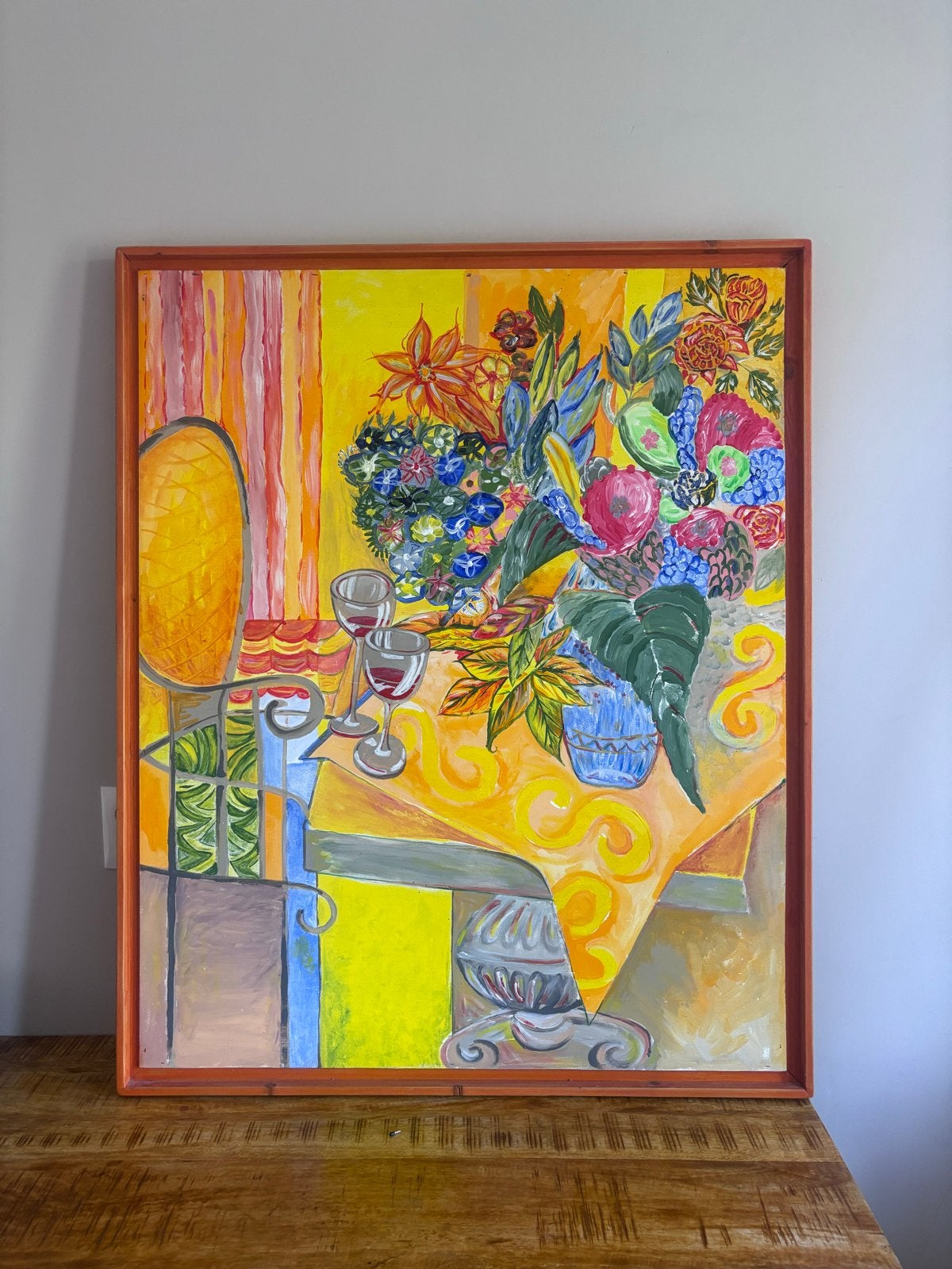 Vrolijk handgeschilderd stilleven met bloemen en wijn, Antiek en Kunst, Kunst | Schilderijen | Modern, Stilleven, Handgeschilderd