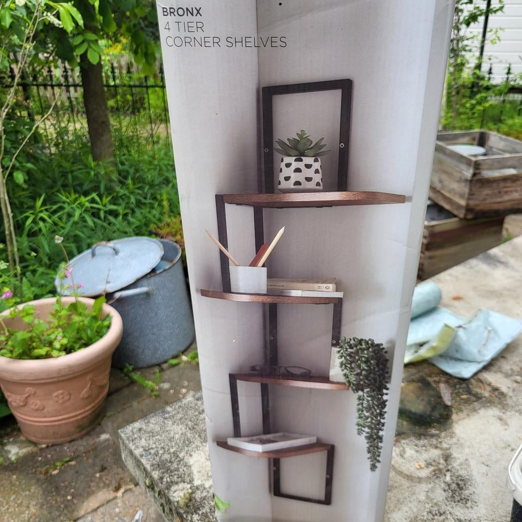 Nieuw in doos: Bronx 4-laags hoekrek met houten plankjes, Ophalen of Verzenden, Nieuw