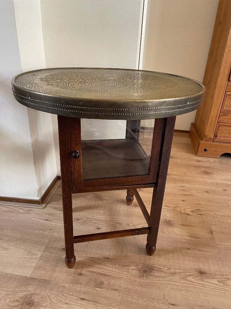 Antiek theekastje, art deco kastje met messing blad, Huis en Inrichting, Kasten | Vitrinekasten, Ophalen, Gebruikt, 50 tot 100 cm