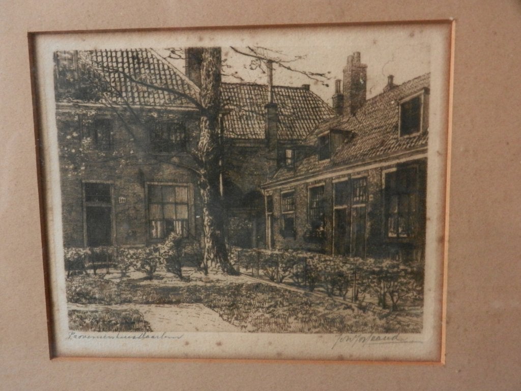 Mooie ets Proveniershuis Haarlem Joh. Josseaud 13 x 16,2 cm, Ets, Stadsgezicht, Ophalen of Verzenden, Met tekst