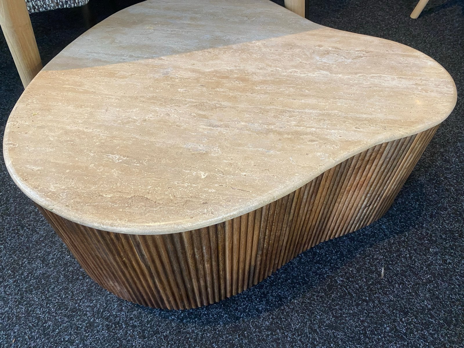 Salontafel Mari echt travertin mangohout 83x72, Ophalen, 100 tot 150 cm, Nieuw, 50 tot 100 cm