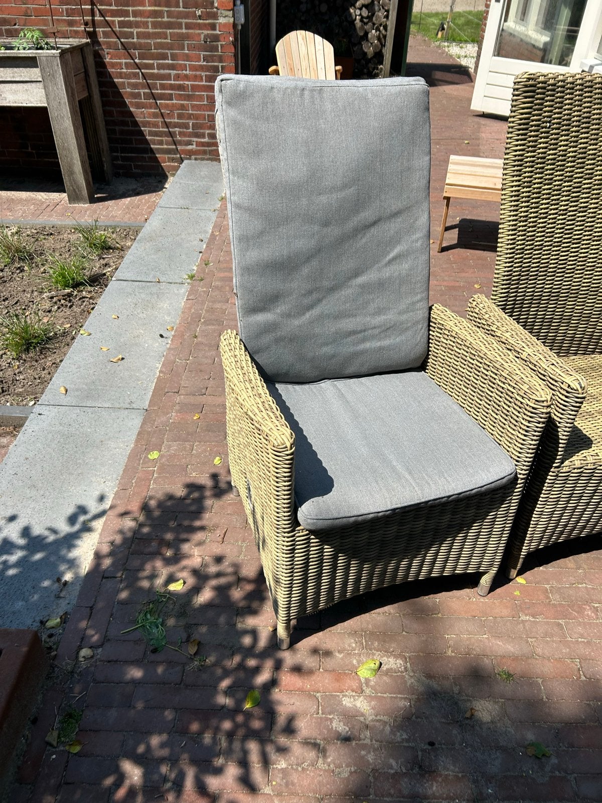 6 tuinstoelen met grijze kussens - luchtvering defect, Ophalen, Gebruikt, Wicker, Verstelbaar