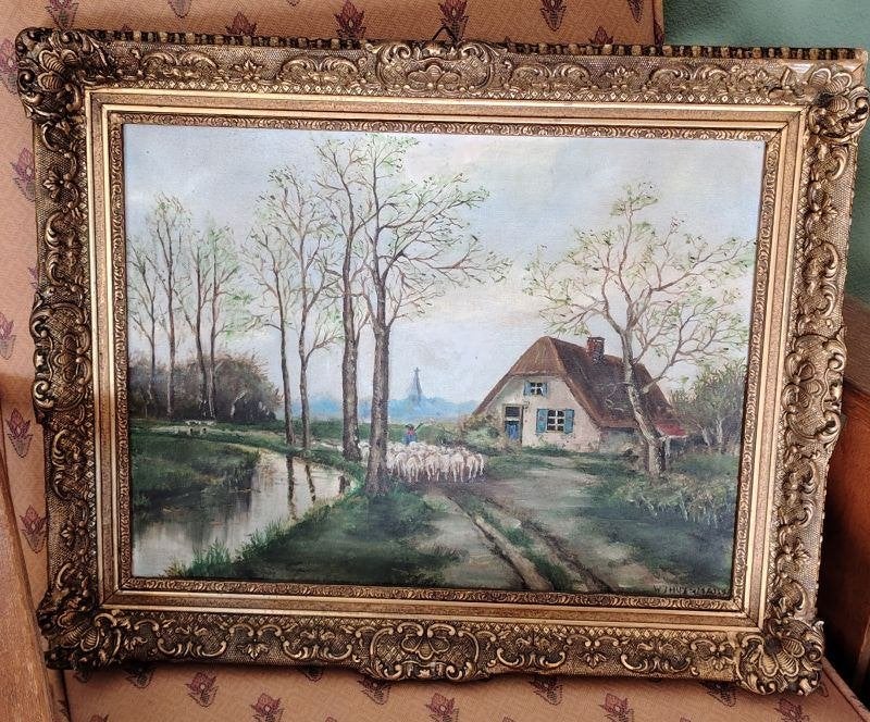 Schilderij Herder met Schaapskudde, Doek, Oud hollands, Ophalen of Verzenden, Landschap