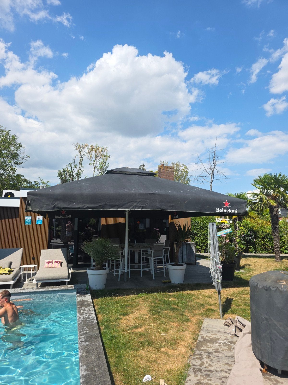 Grote zwarte parasol met Heineken logo, Tuin en Terras, Parasols, Ophalen of Verzenden, Gebruikt, 3 tot 4 meter, Stokparasol