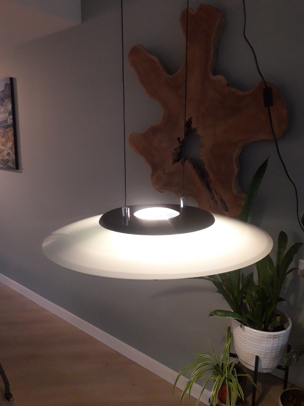 Vintage schotel Hanglamp, 50 cm doorsnede, Ophalen, Zo goed als nieuw, Glas