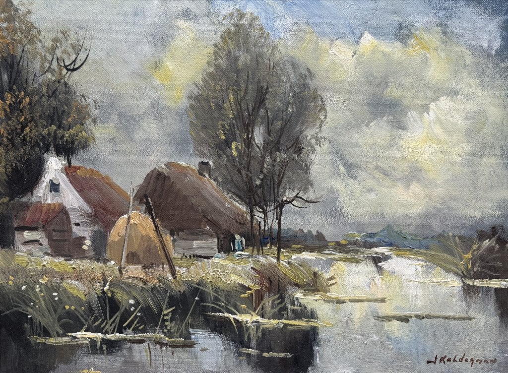 Jan Kelderman (1914-1990) - Boerderij langs vaart, Doek, Impressionistisch, Ophalen of Verzenden, Gesigneerd