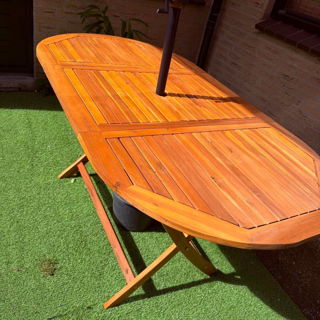 Teakhouten tuintafel inklapbaar met parasol, Tuin en Terras, Tuintafels, Ophalen, Zo goed als nieuw, Rechthoekig, Teakhout