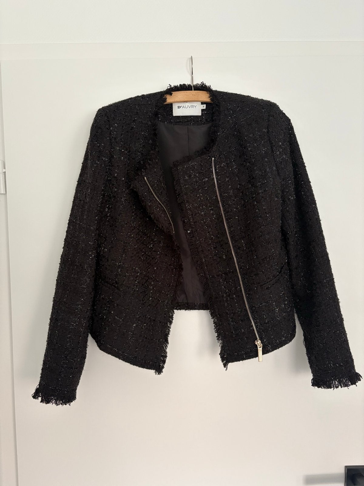 Zwart Bouclé Tweed Blazer Jasje D'Auvry Maat 36 (S), Zwart, Ophalen of Verzenden, Zo goed als nieuw, Jasje