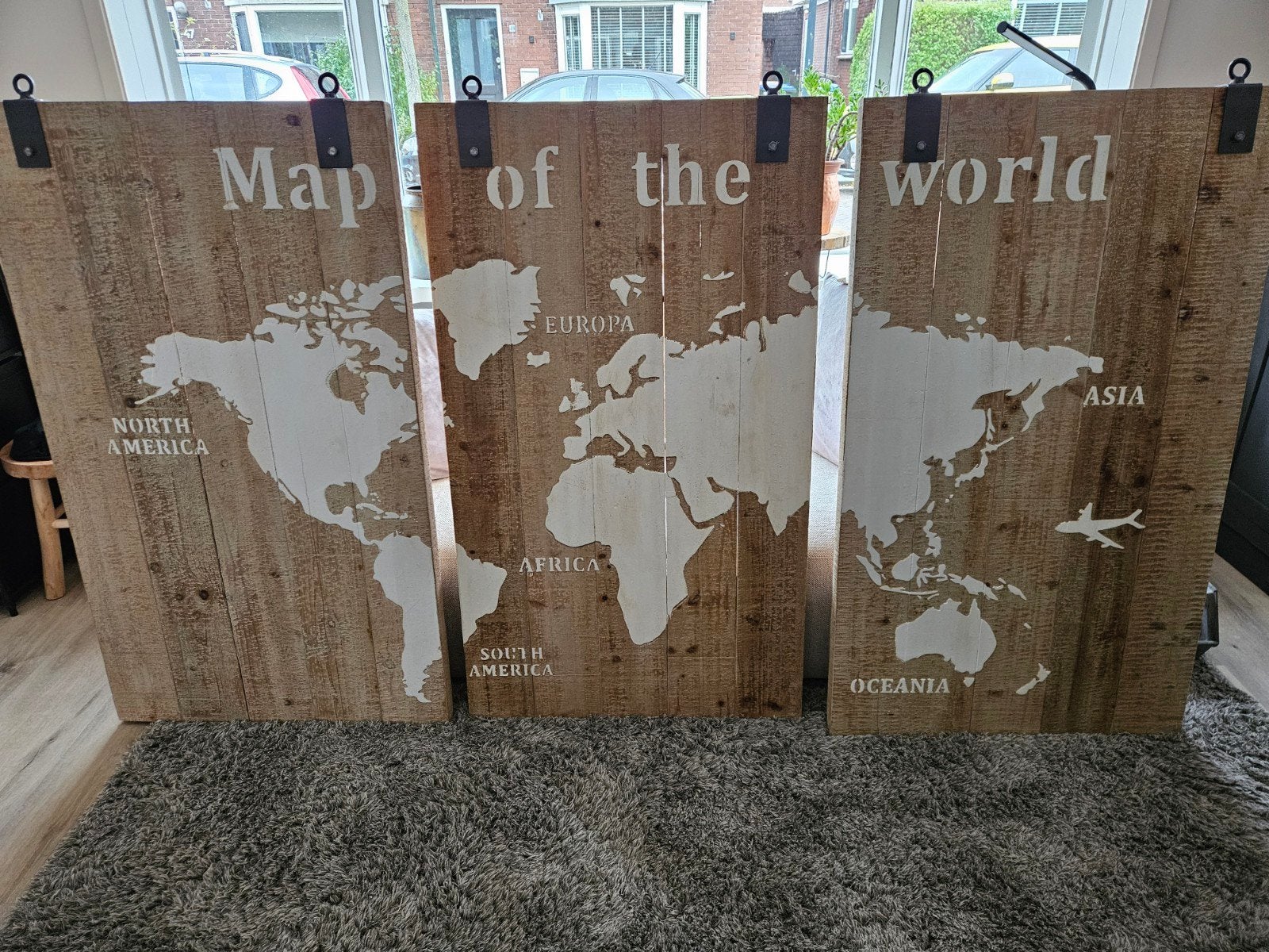 Houten wereldkaart wanddecoratie - 3 panelen, Ophalen, Gebruikt, Hout, Bruin