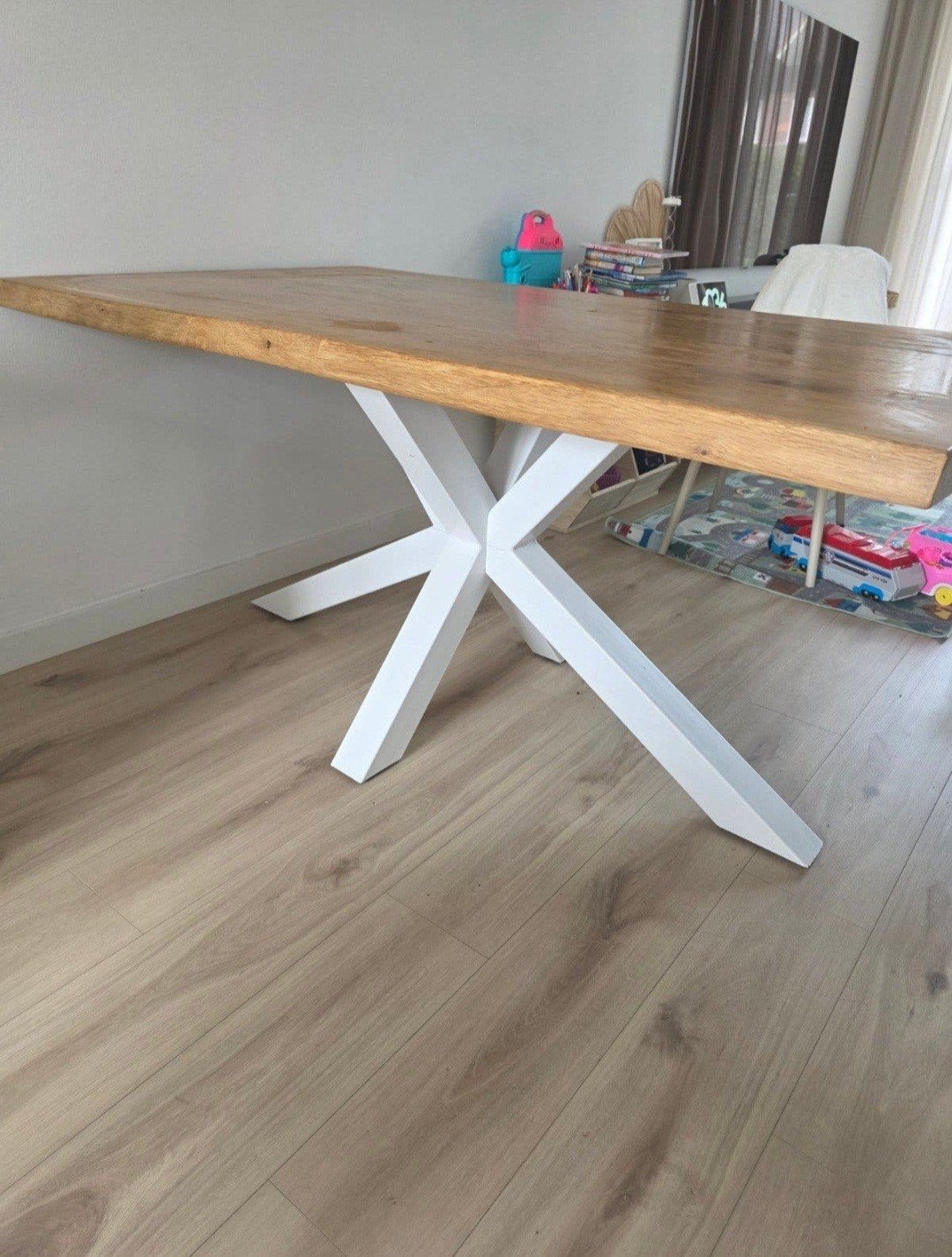 Prachtige eikenhouten tafel met wit metalen matrix/spinpoot, Overige houtsoorten, Gebruikt, 200 cm of meer, Modern, Landelijk, Industrieel