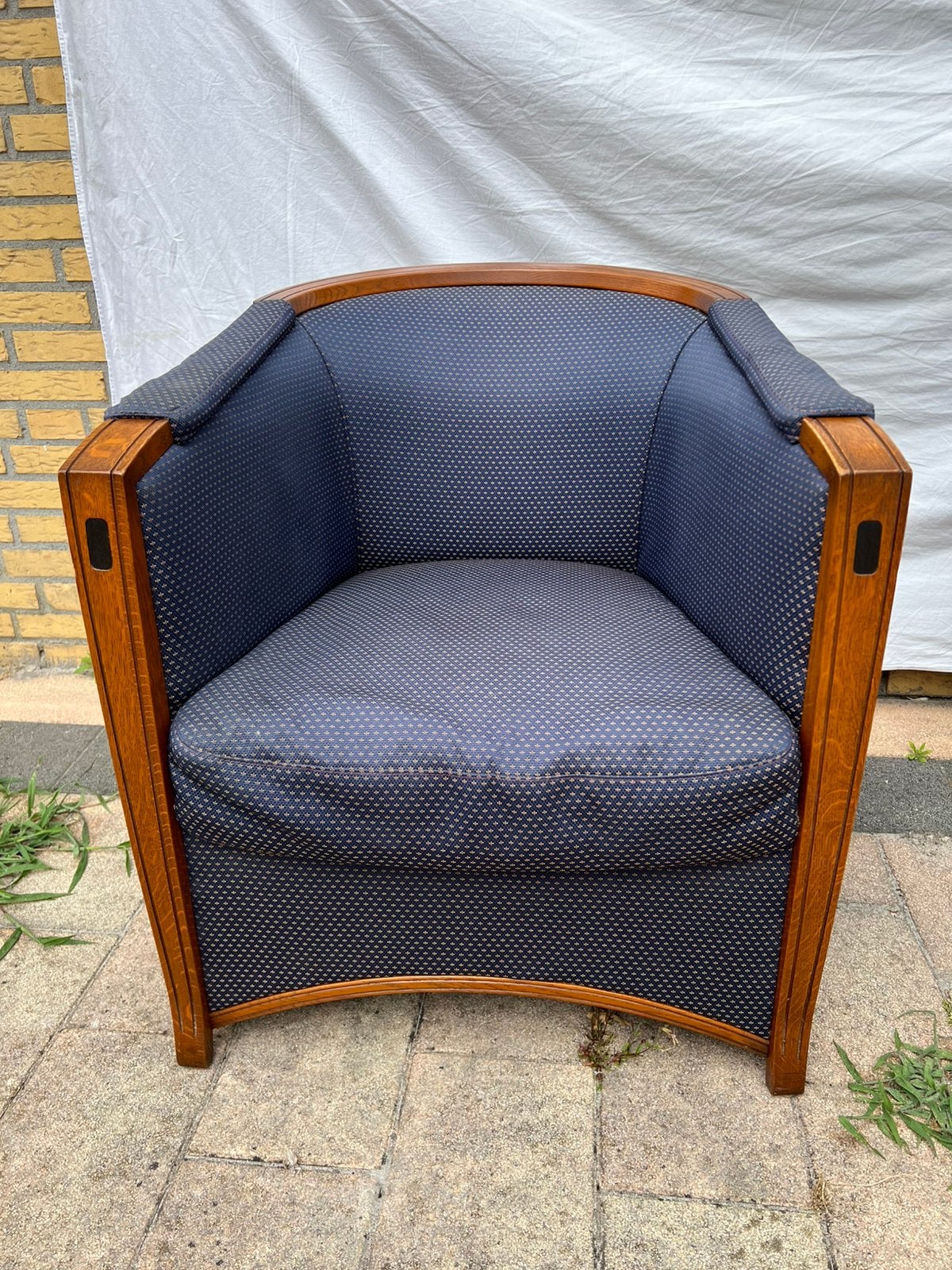 Jugendstil fauteuil met blauwe stof, Huis en Inrichting, Fauteuils, Ophalen