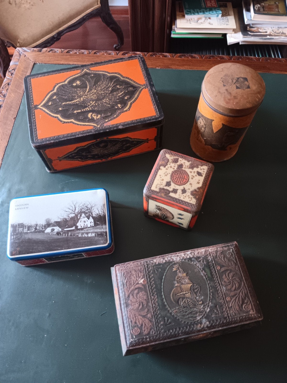 5 vintage blikken trommel, Ophalen, Gebruikt, Overige, Overige merken