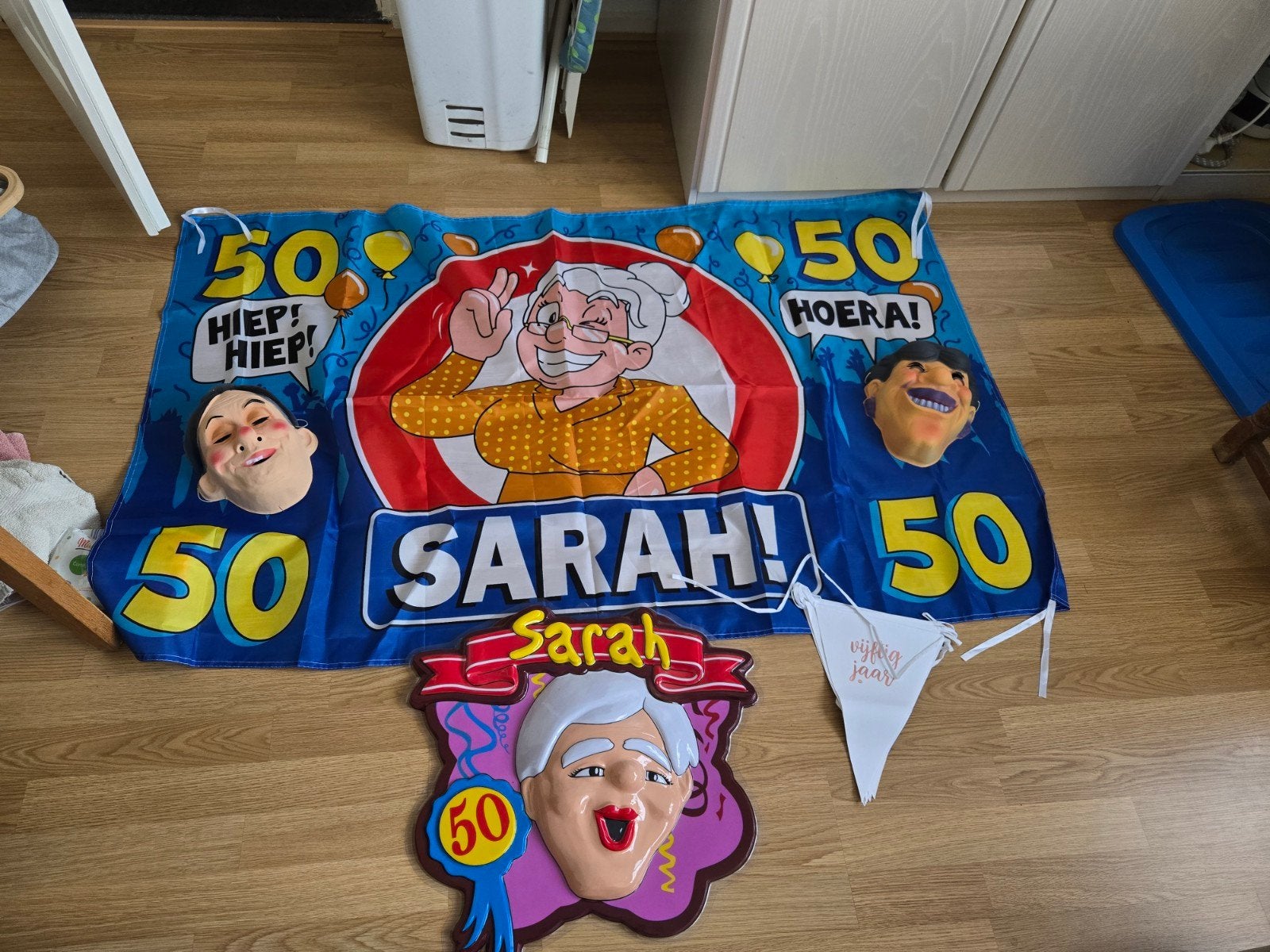 Sarah 50 jaar feestpakket - spandoek en decoratie, Ophalen of Verzenden, Zo goed als nieuw, Versiering, Abraham of Sarah