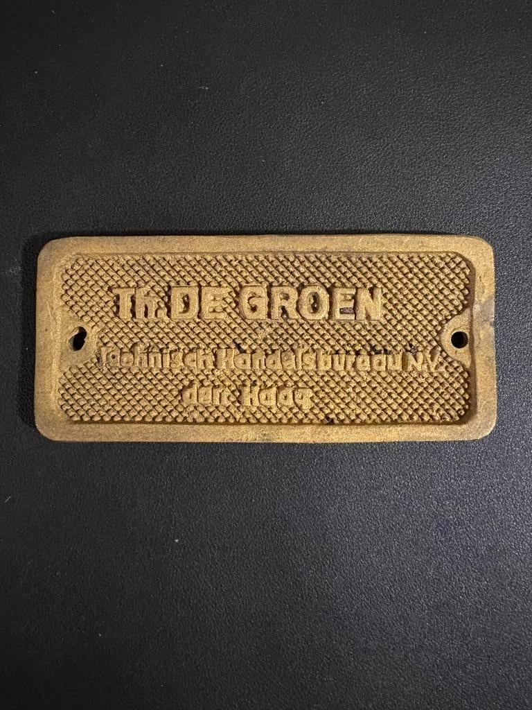 Bronzen fabrieksplaat ‘Th. de Groen’ (ketelwagons NL), Verzamelen, Ophalen of Verzenden, Gebruikt, Trein