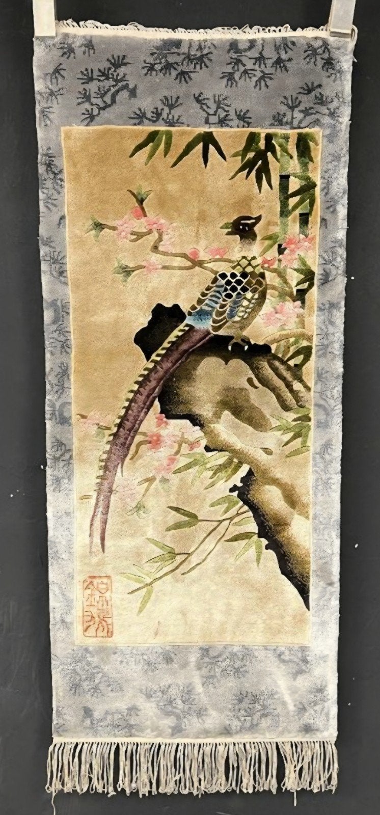 Zijden handgeknoopt Chinees tapijt 'FAZANT' (110x47 cm), Minder dan 50 cm, 100 tot 150 cm, Ophalen of Verzenden, Zo goed als nieuw