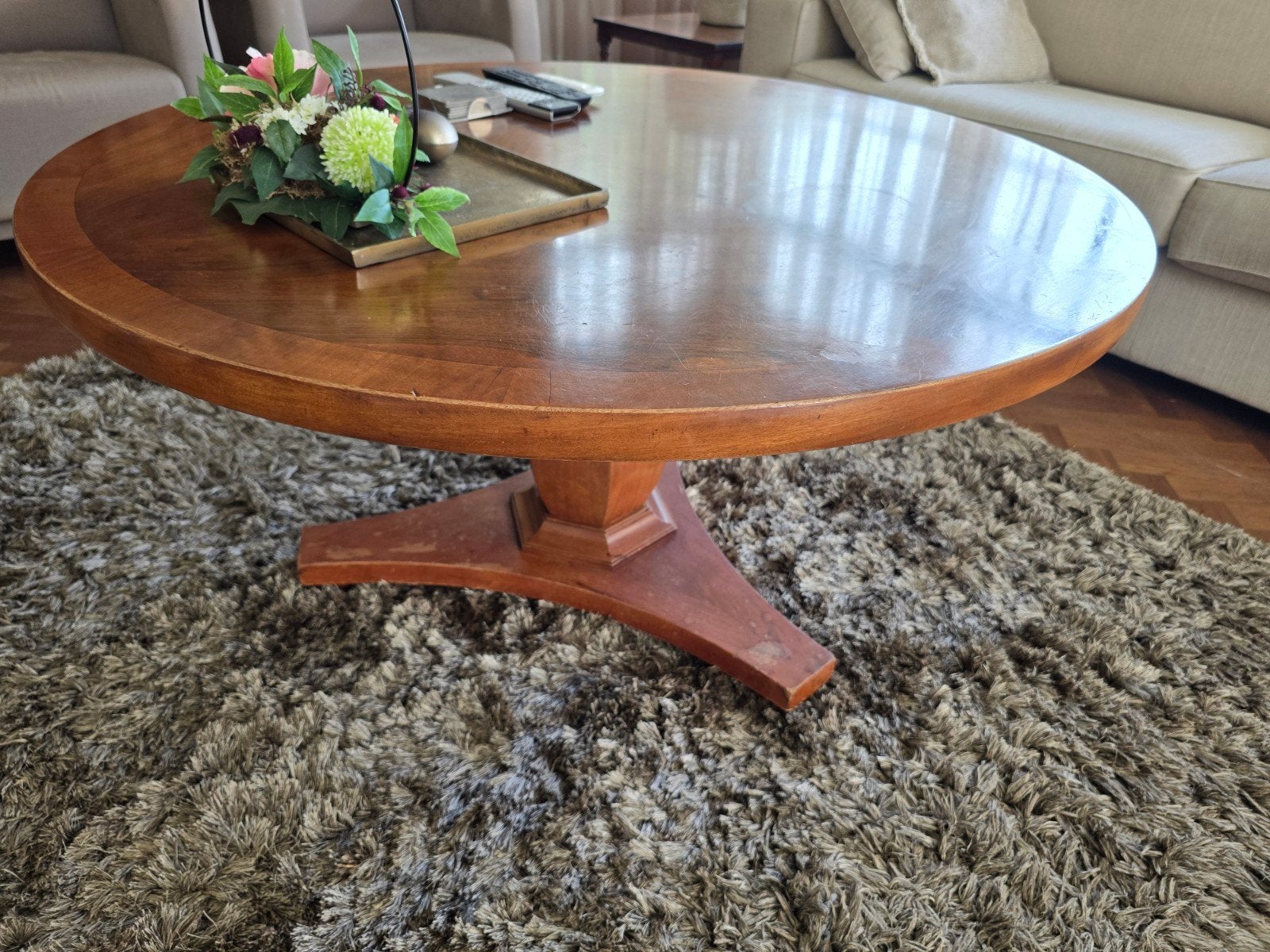 Ronde teakhouten salontafel - 110 cm doorsnee, Ophalen, Gebruikt, 100 tot 150 cm, 100 tot 150 cm