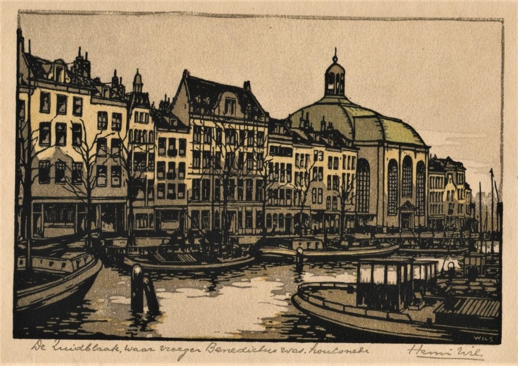 Houtsnede Rotterdam Zuidblaak Benedictus van Henri Wils, Stadsgezicht, 14 cm, Houtsnede, 20 cm