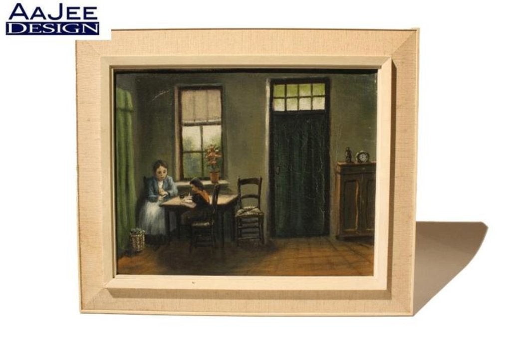 Olieverf op doek - Moeder en dochter aan tafel - Antiek werk, Antiek en Kunst, Kunst | Schilderijen | Klassiek, Ophalen of Verzenden