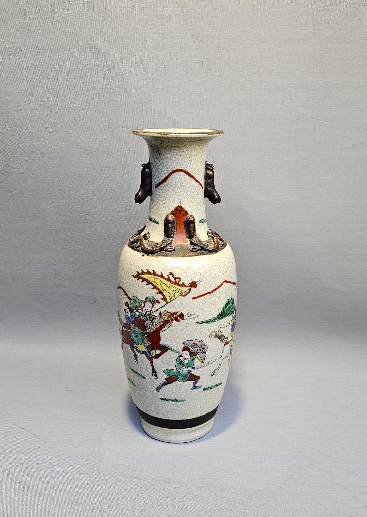 Antieke Chinese Nanking Craquelé Vaas–Krijgersdecor –ca.1900, Ophalen of Verzenden