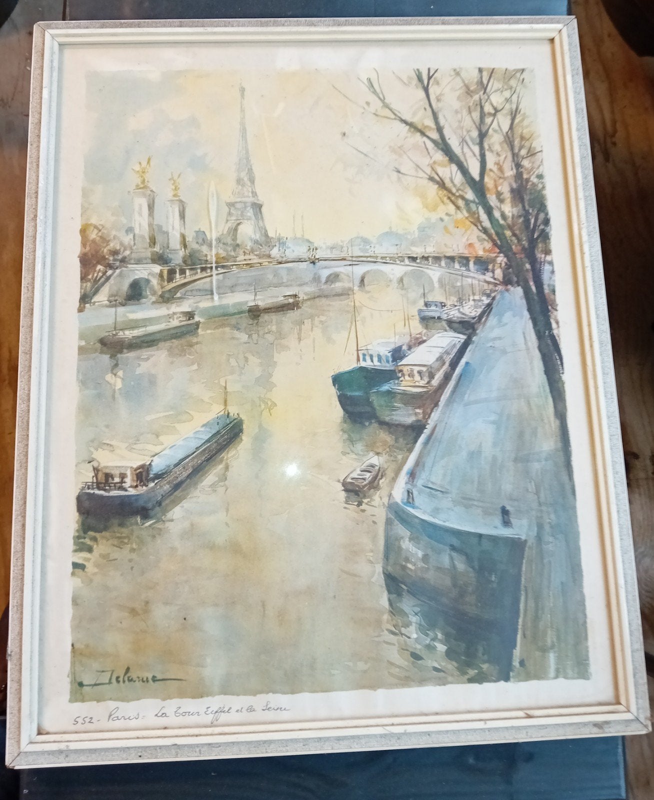 Vintage aquarel Parijs: Eiffeltoren en de Seine, Ophalen of Verzenden