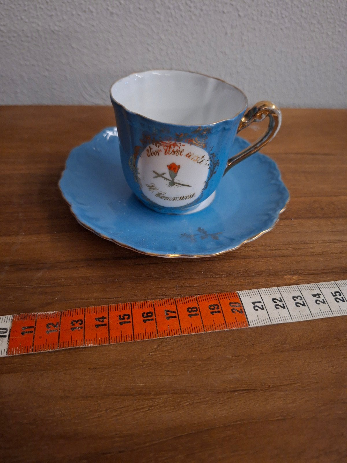 Antiek Communie Kopje en Schotel - Blauw met Goud, Ophalen of Verzenden