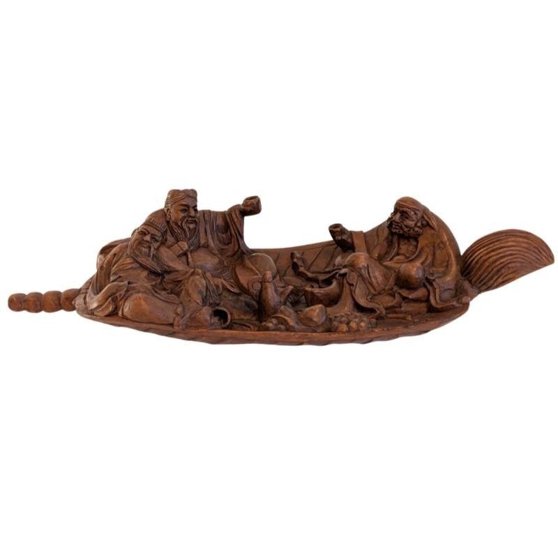 Chinees houtsnijwerk – onsterfelijken in een boot – 036, Gebruikt, 7 cm, Ophalen of Verzenden, Hout