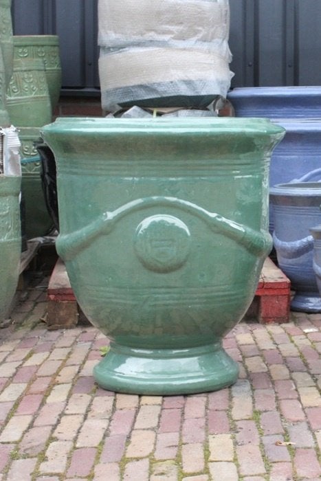 Prachtige geglazuurde bloempotten Anduze stijl groen Celadon, Tuin en Terras, Bloempotten, Ophalen, 40 cm of meer, Rond, Nieuw
