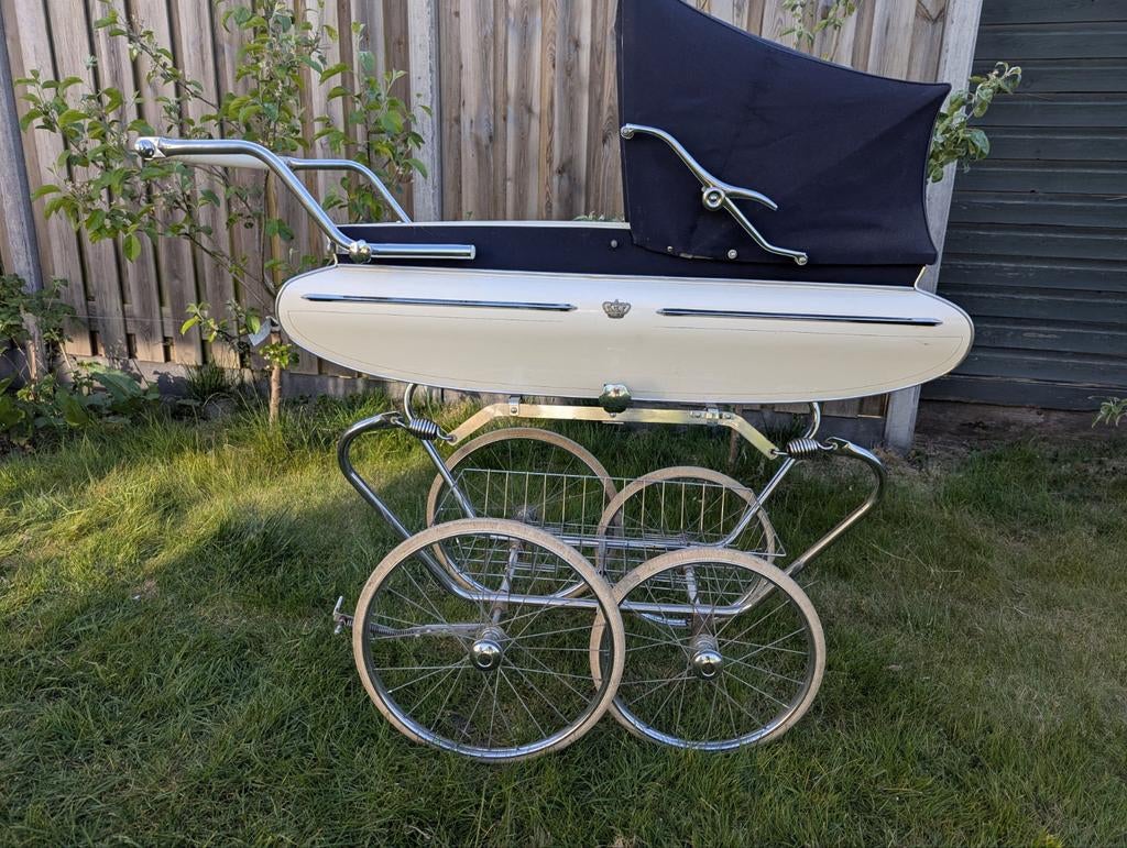 Vintage Van Delft Kinderwagen - Crème/Donkerblauw, Kinderen en Baby's, Kinderwagens en Combinaties, Gebruikt, Met reiswieg, Ophalen