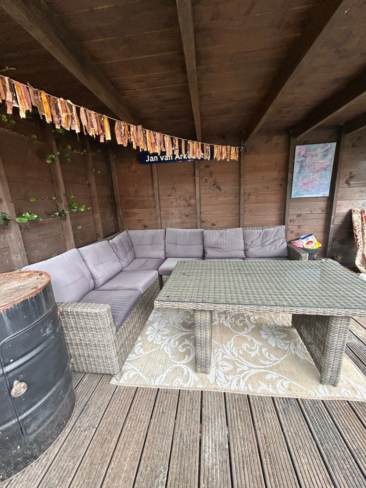 Tuinset met hocker en glazen tafelblad, Ophalen, Gebruikt, Rotan, Hocker