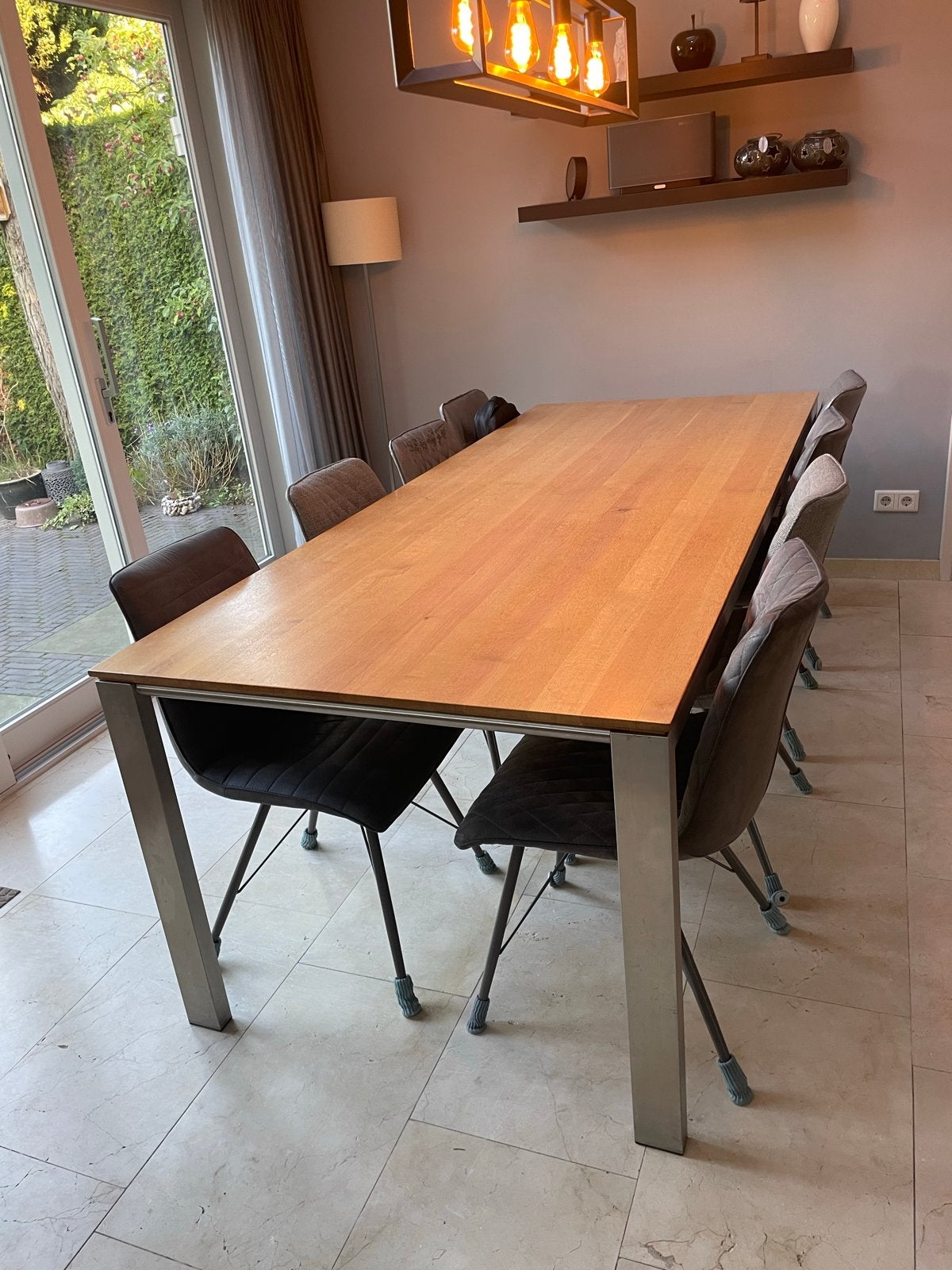 Design eettafel met houten blad 240x100 en metalen onderstel, Ophalen, 200 cm of meer, 50 tot 100 cm, Vijf personen of meer